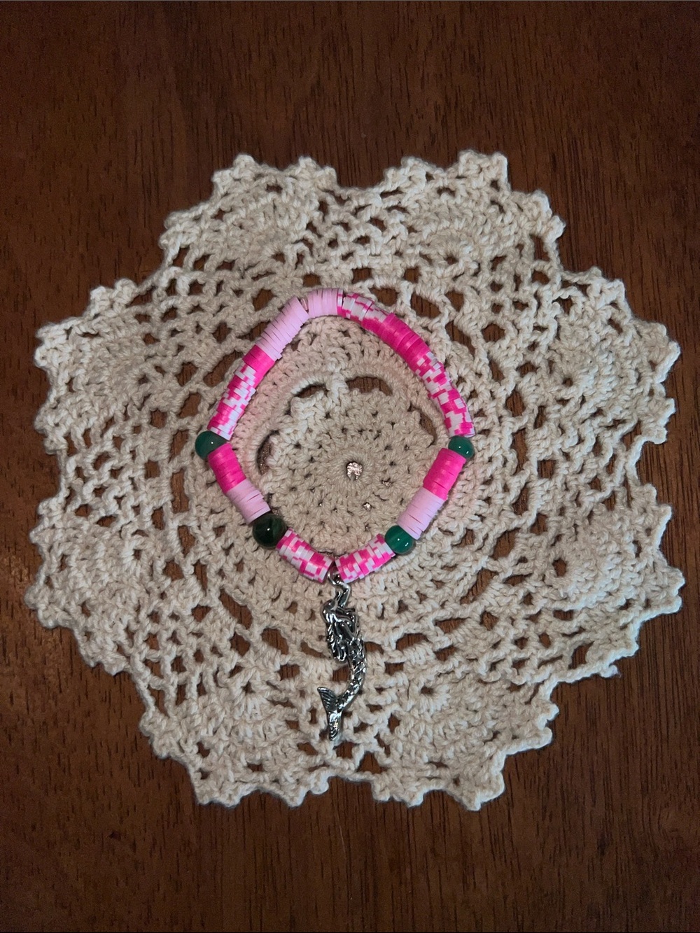 handmade Pink Beaded Bracelet with Silver mermaid Charm